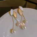 Golden Leaf Pearl Drop Earrings Thumbnail Image 4
